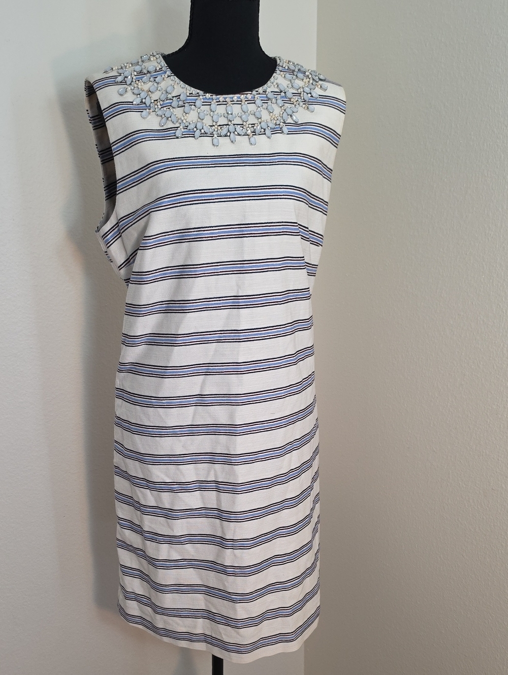 Tory Burch White and Navy Striped Embellished Neck Shift Dress